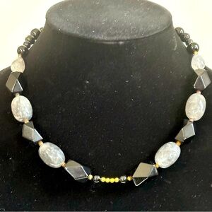 Barse lumerian quarts with black stones and gold beads necklace
